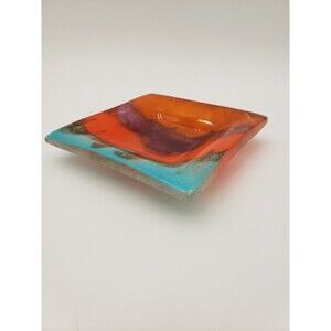Vintage Fused Glass Trinket Dish Or Ashtray Turquoise Orange Purple 1960s MCM